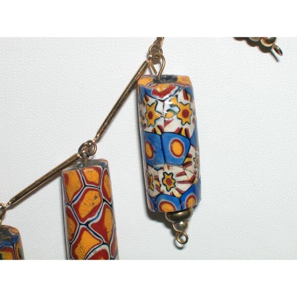 Vintage Millefiori Glass Bead Necklace With Gold-Tone Bar Links & Spring Ring - Picture 2 of 6